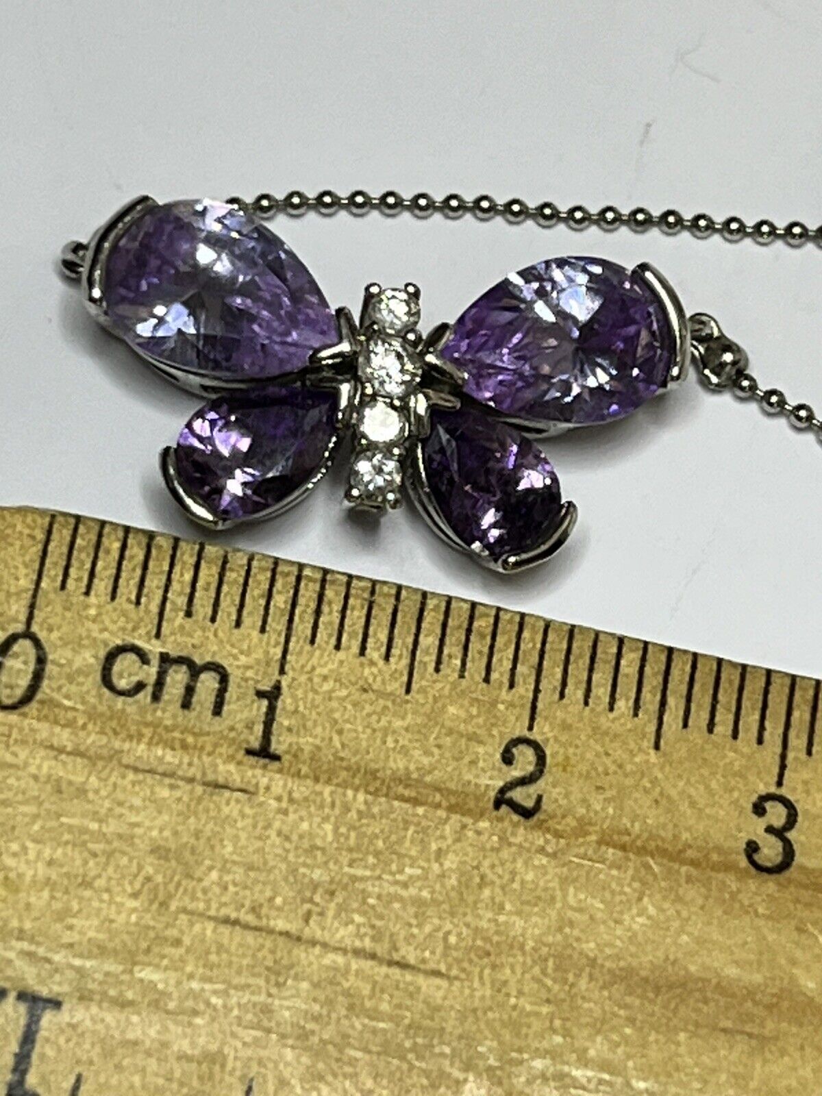 Vintage Rhodium Plated Purple Crystal Diamanté Butterfly Necklace