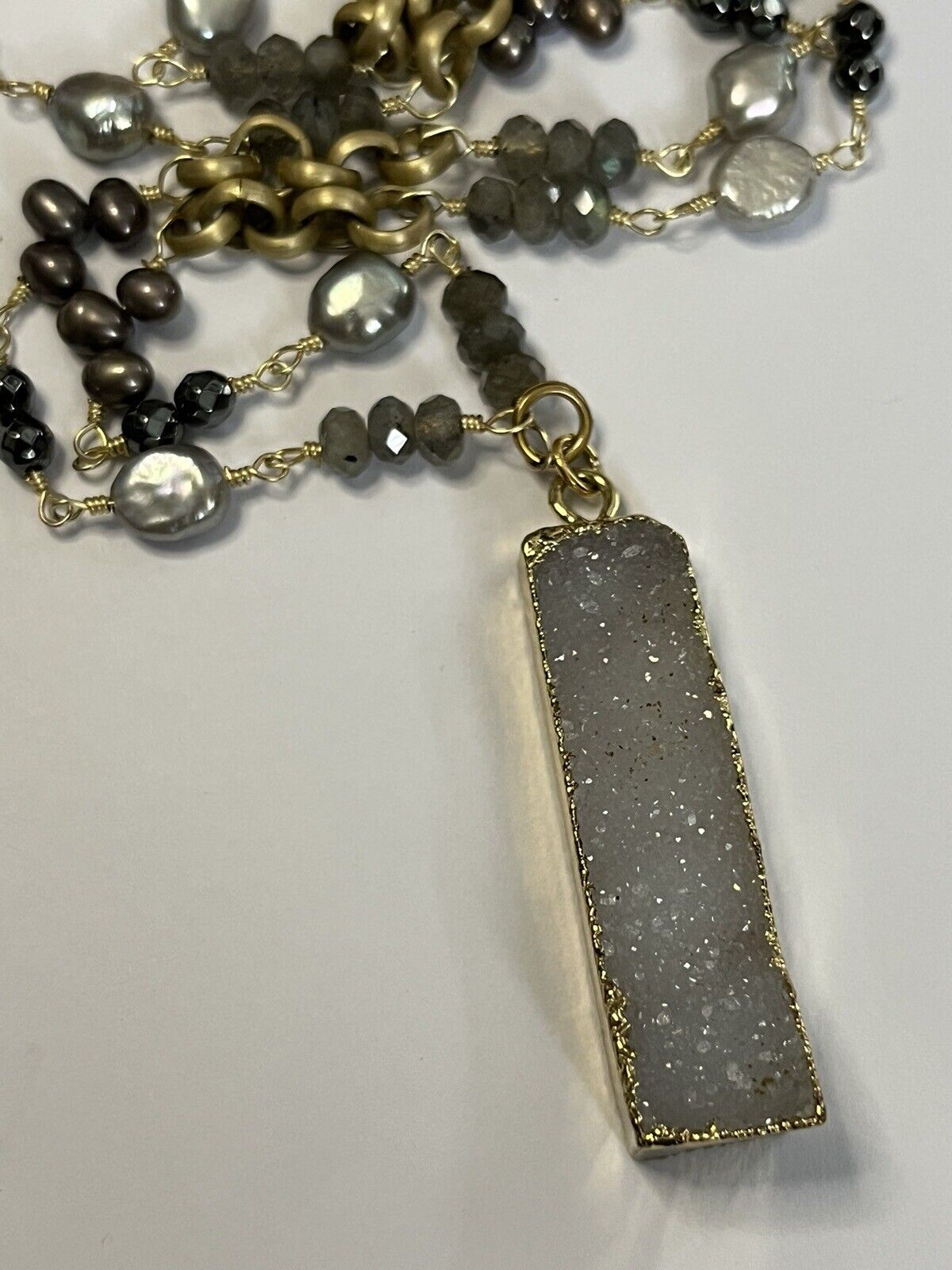 Vintage Fresh Water Pearl Natural Geode Stone Long Length Necklace