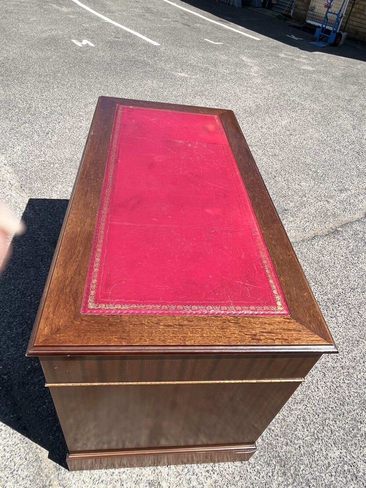 Pedestal Desk With Red Leather Top.