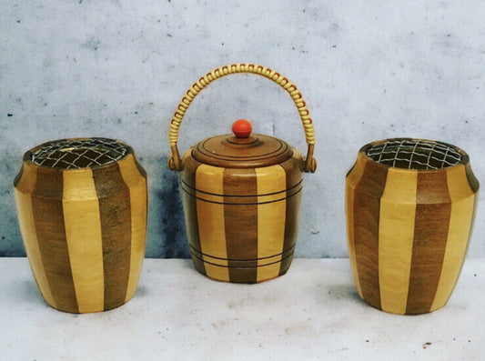 Mid Century Set Of Wooden Pots. Biscuit Barrel & 2 Posy Holders.