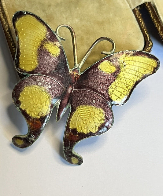 Vintage Yellow Purple Enamel Butterfly Brooch