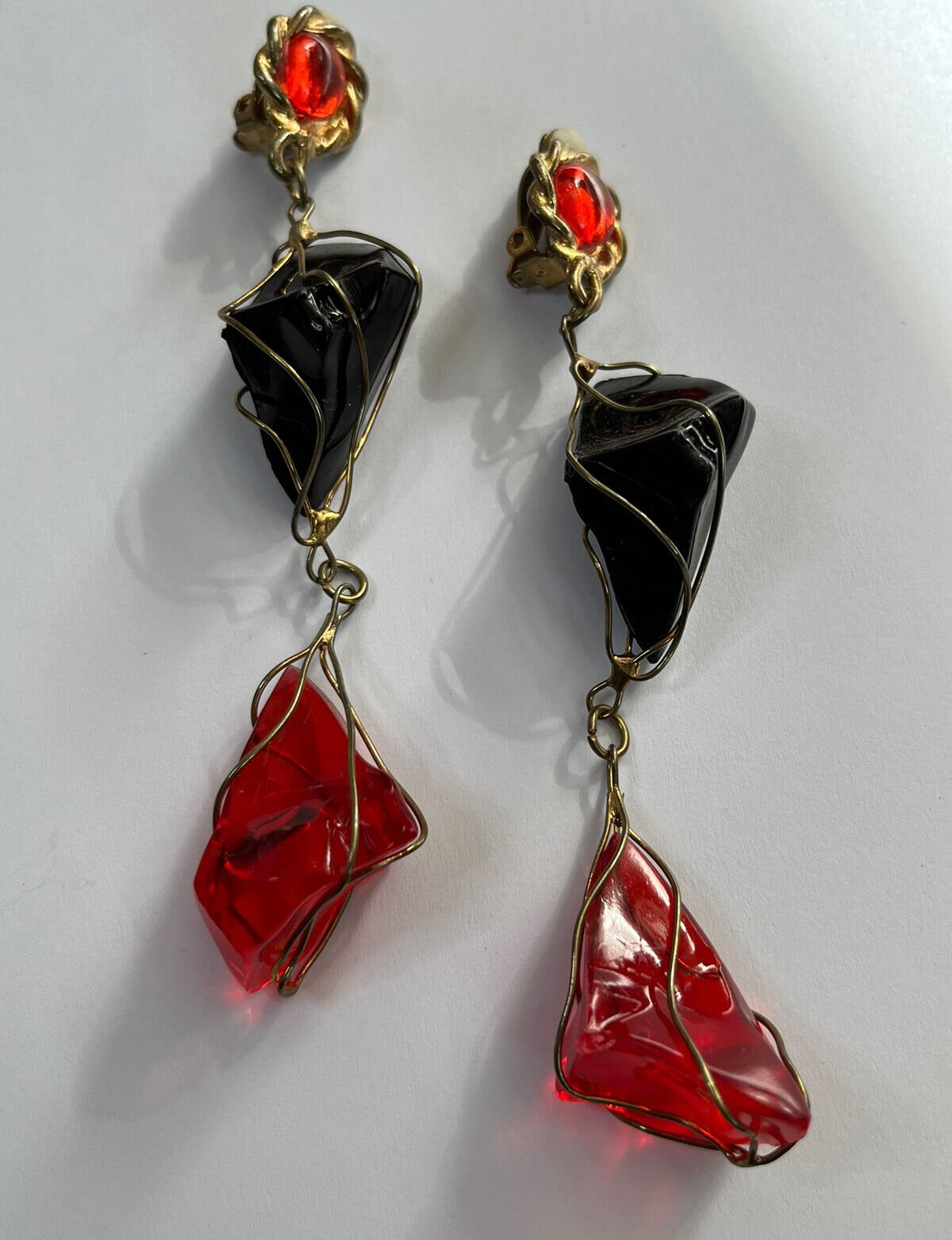 Vintage 1980s Black Red Acrylic Long Length Statement Earrings