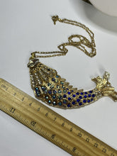 Vintage Gold Tone Blue Diamanté Fish Statement Pendant Necklace