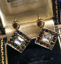 Vintage Gold Tone Green Red Diamanté Earrings