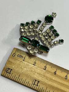 Vintage Silver Tone Green White Paste Brooch