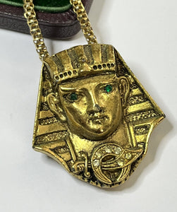 Vintage Gold Tone Green Diamanté Egyptian Pharaoh Pendant Necklace