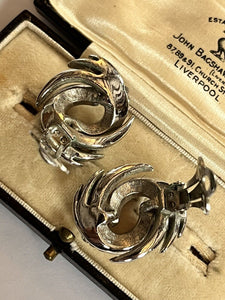 Vintage Silver Tone Swirl Diamanté Clip On Earrings