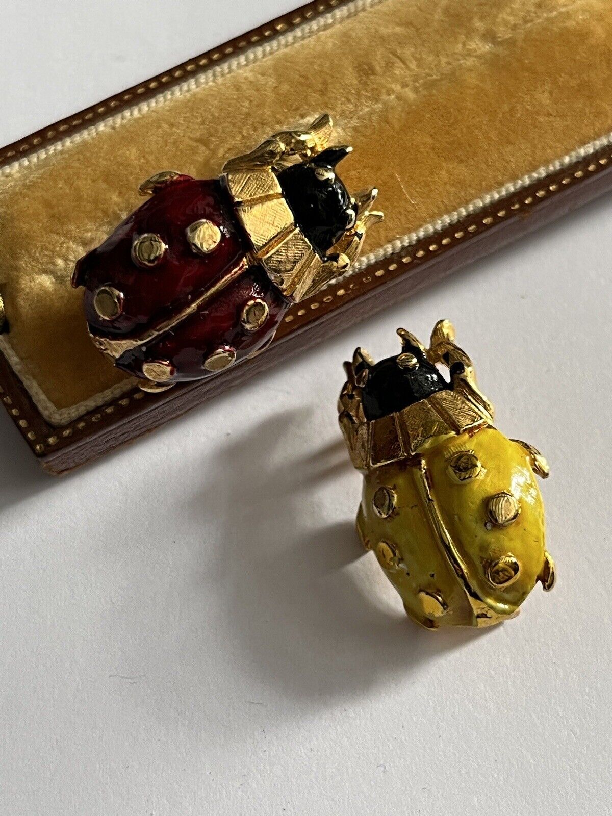 Vintage Ladybird Red Yellow Enamel Set Of 2 Brooches