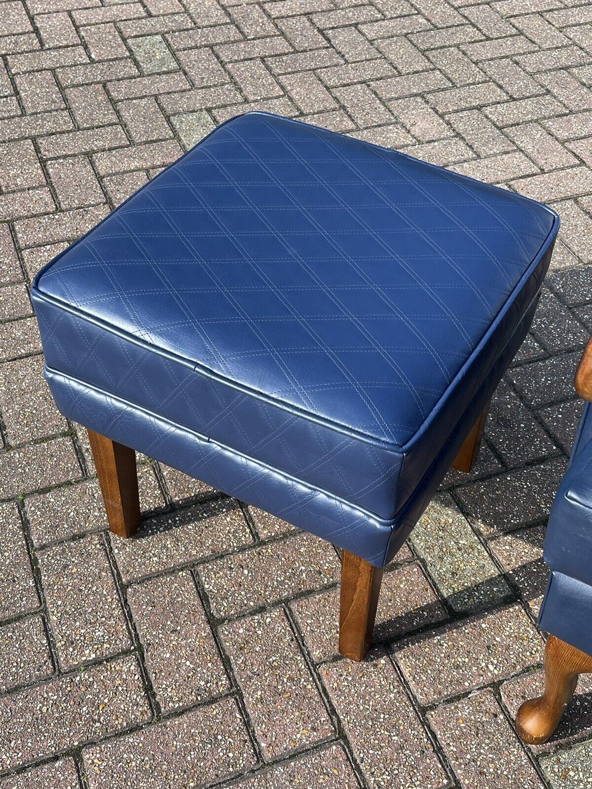 Blue Leather Armchair & Matching Foot Stool.