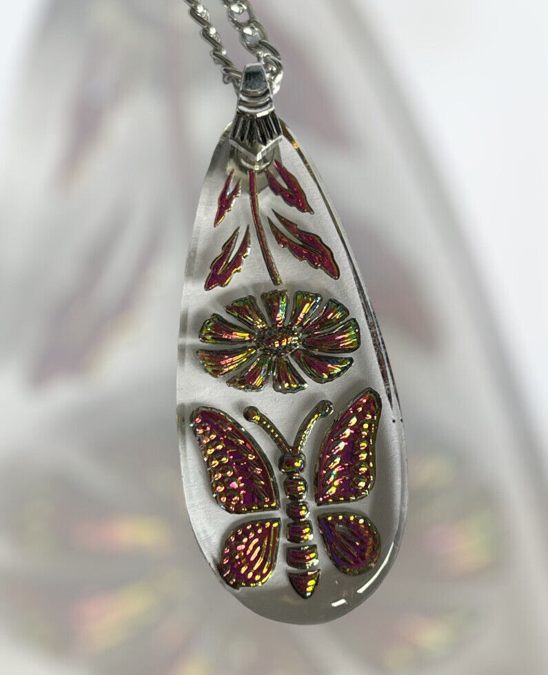 Vintage Multicoloured Flowers Butterflies Lucite Reverse Carved Pendant