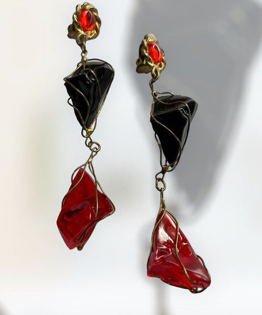 Vintage 1980s Black Red Acrylic Long Length Statement Earrings