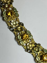 Vintage Gold Tone Filigree Diamanté Pink Orange Green Flowers Bracelet