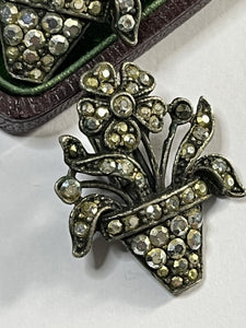 Vintage Unique Silver Tone Marcasite Flower Pot Clip On Earrings