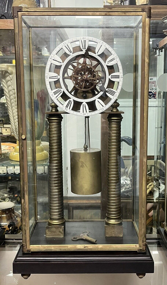 Skeleton Clock With Case And Key. Large & Impressive