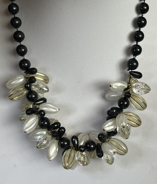 Vintage 1980s Clear Black Gold Beaded Necklace