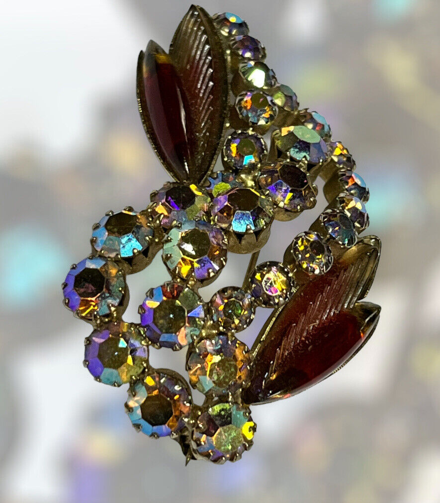 Vintage Red Glass Aurora Borealis Signed Gold Tone Brooch