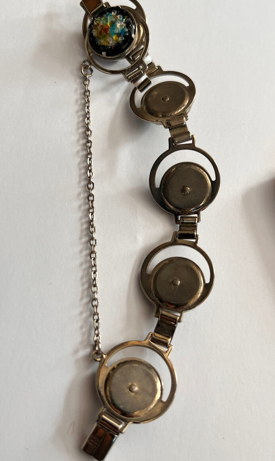 Vintage Multicoloured Glass Silver Tone Bracelet Safety Chain