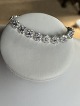 Vintage Rhodium Plated Purple Clear Diamanté Flowers Bracelet New Old Stock