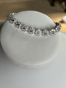Vintage Rhodium Plated Purple Clear Diamanté Flowers Bracelet New Old Stock