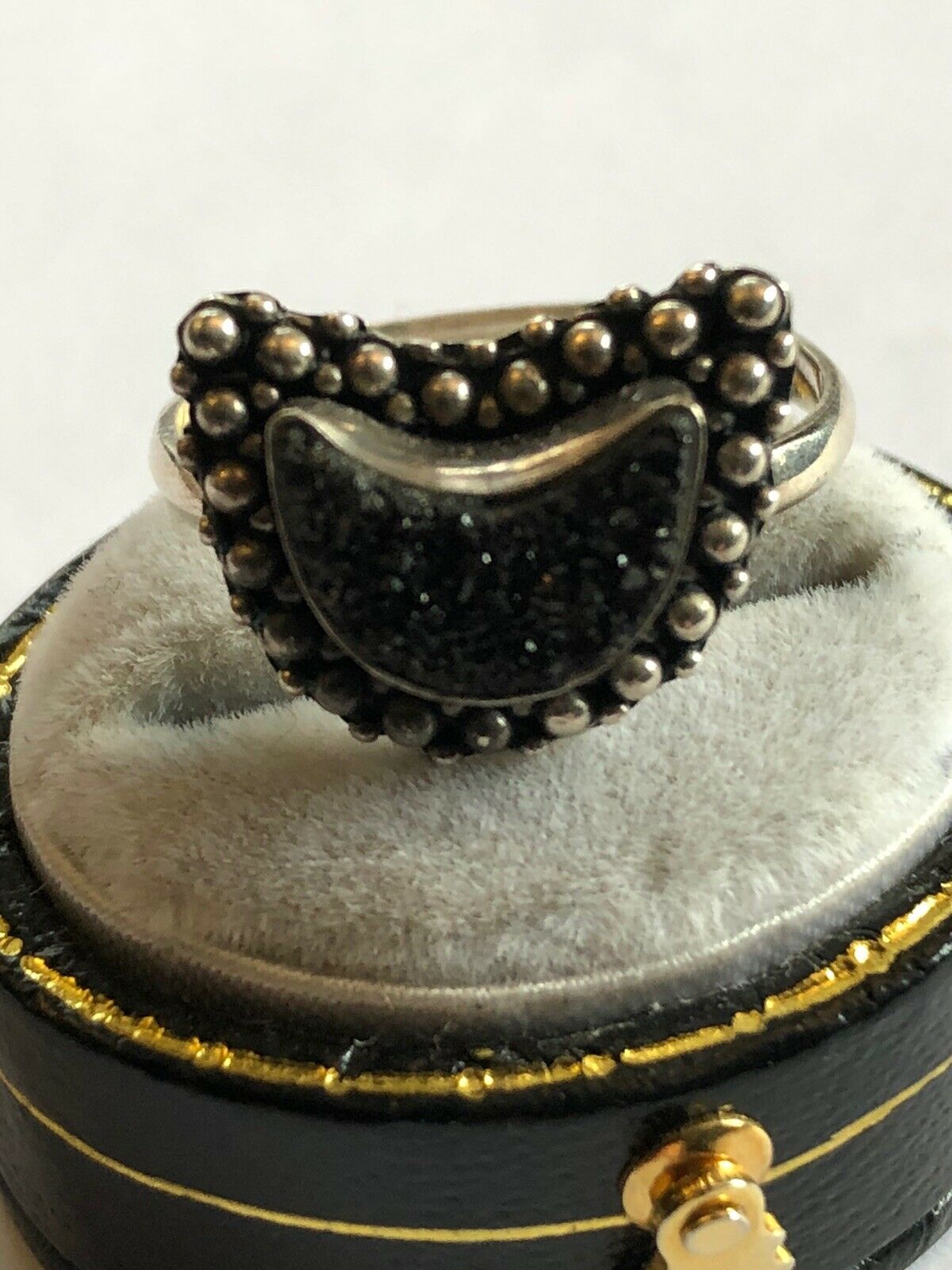 Vintage Sterling Silver Black Diamond Chip Half Moon Ring Size O