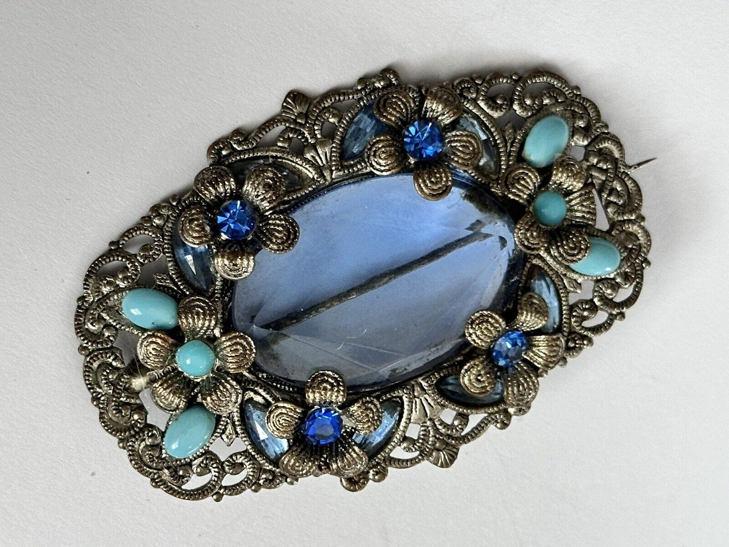 Vintage Blue Faux Turquoise Czech Crystal Brooch
