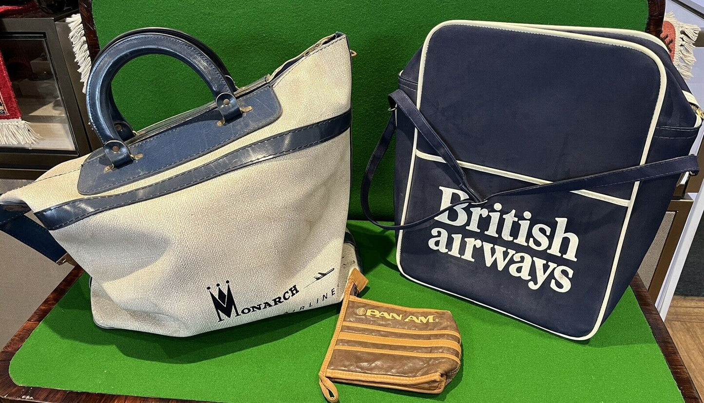 Vintage British Airways, Pan-am & Monarch airlines Flight Bags And Small Bag