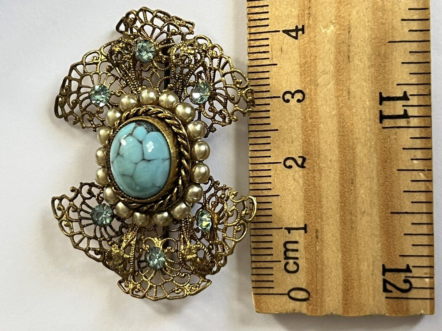 Vintage Gold Tone Filigree Diamanté Faux Turquoise Brooch
