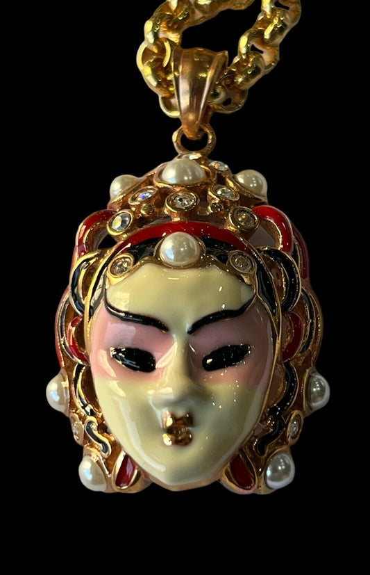 Vintage Gold Tone Enamelled Face Faux Pearl Pendant Necklace