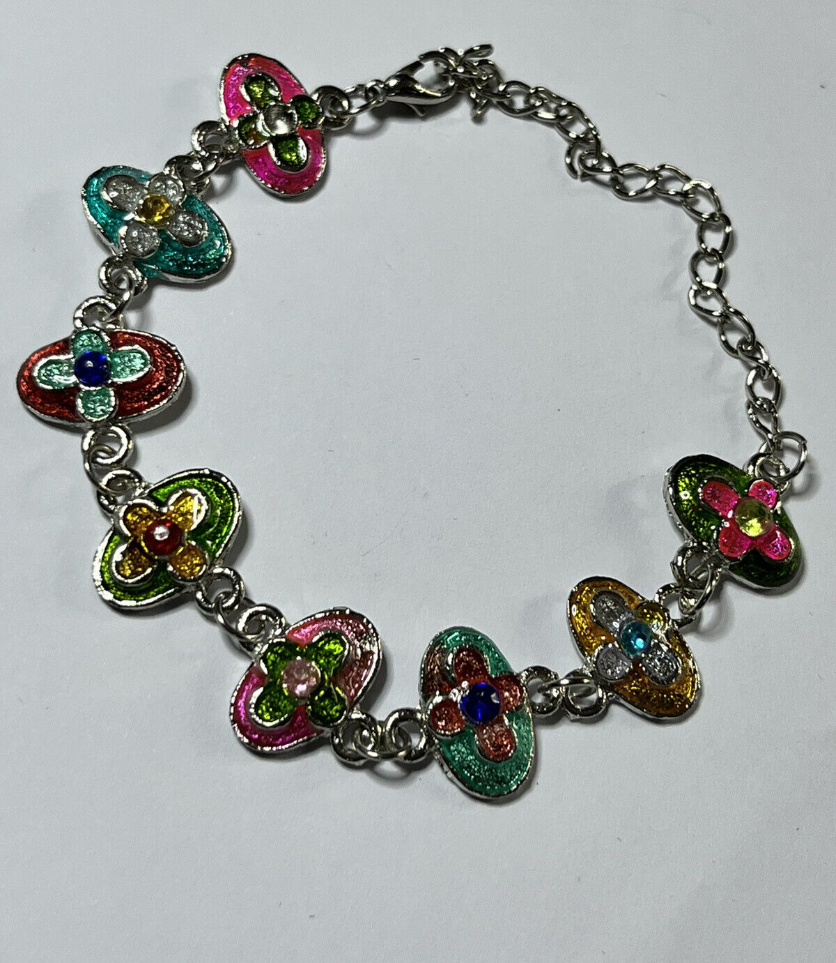 Vintage Silver Tone Enamel Multicoloured Flowers Bracelet