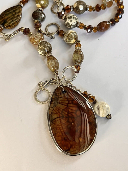 Vintage Silver Tone Natural Stone Long Length Necklace