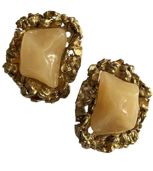 Vintage Statement Gold Tone Acrylic Clip On Earrings