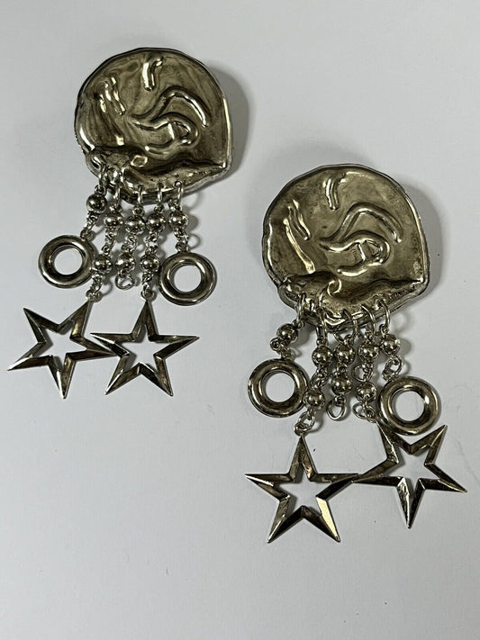 Vintage 1980s Lightweight Silver Tone Stars Kind Drop Earrings