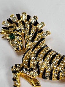 Vintage Gold Tone Diamanté Enamel Stylised Zebra Brooch
