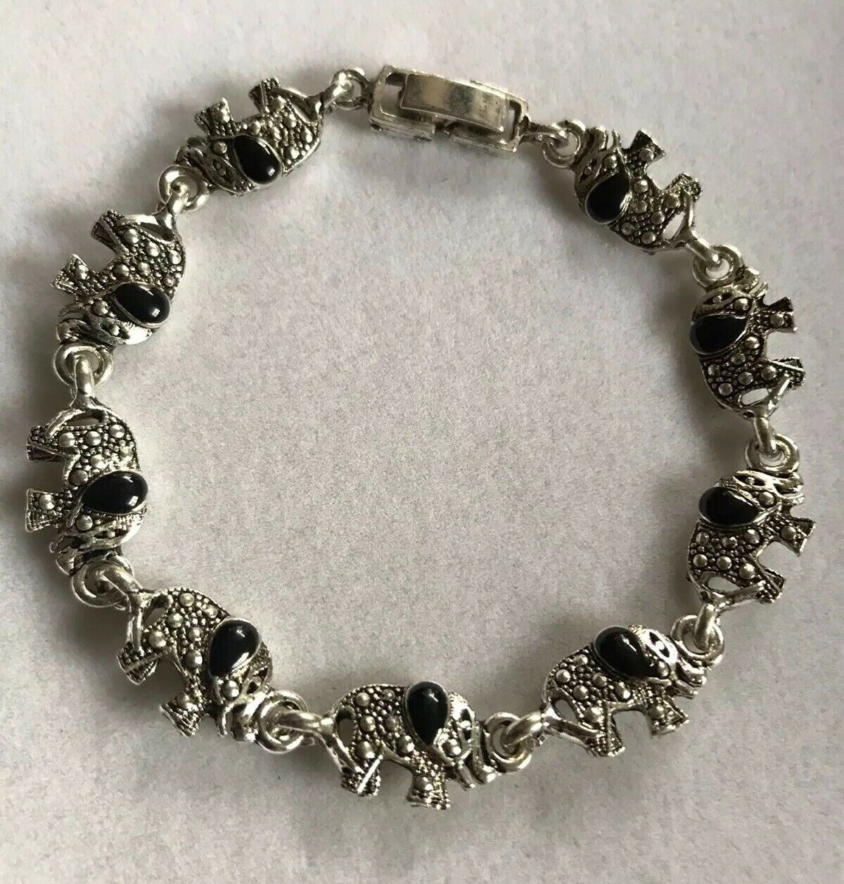 Vintage Silver Tone Black Enamel Elephant Bracelet