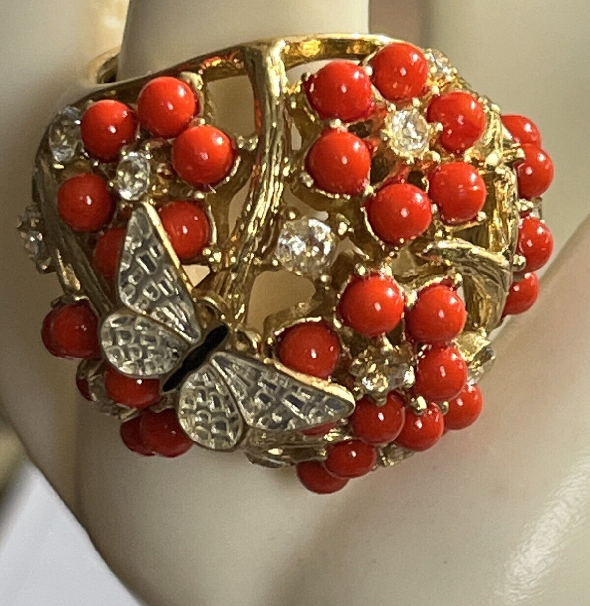 Vintage Gold Tone Orange Bead Diamanté Butterfly Statement Ring