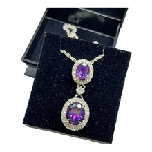 Vintage 1980s Rhodium Plated Purple Crystal Drop Necklace Boxed