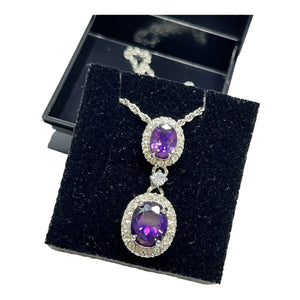 Vintage 1980s Rhodium Plated Purple Crystal Drop Necklace Boxed