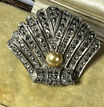 Vintage Deco Silver Tone Marcasite Faux Pearl Shell Brooch