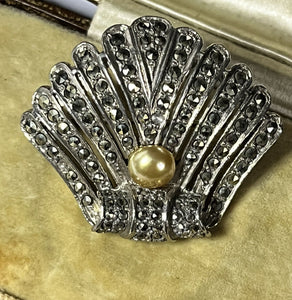 Vintage Deco Silver Tone Marcasite Faux Pearl Shell Brooch