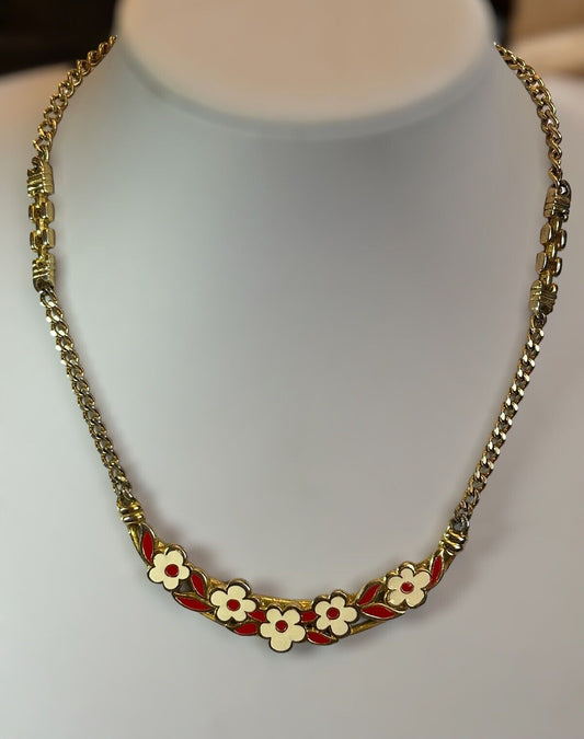 Vintage Gold Tone Red Cream Enamel Flowers Necklace