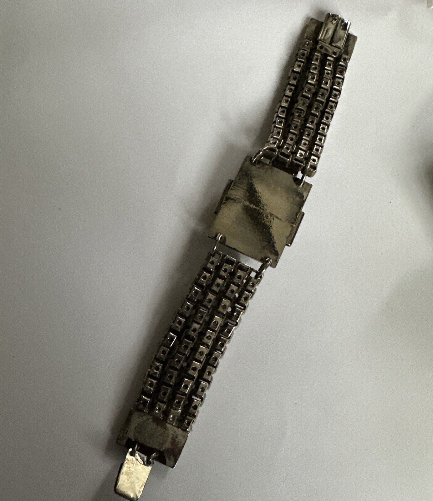 Vintage Runway 1980s Silver Tone Detailed Large Stone Bracelet