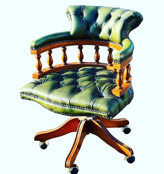 Captains Chair, Green Leather Buttoned Back  Swivel Desk Chair