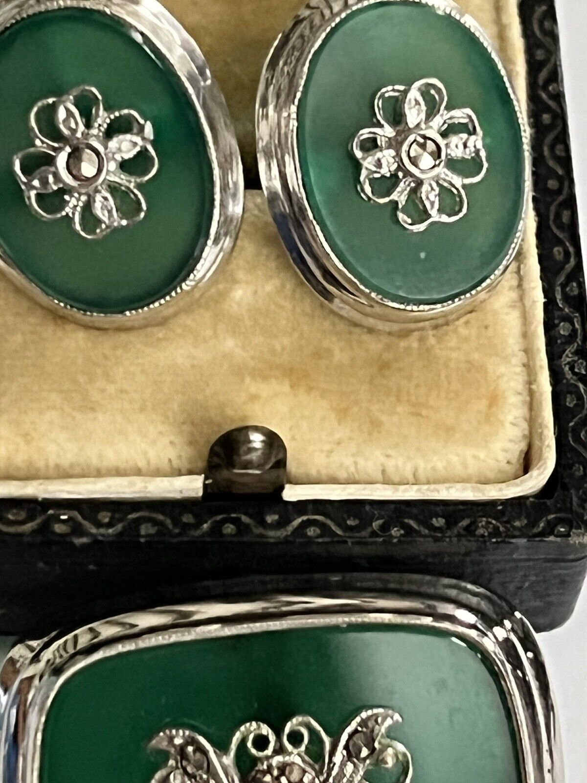 Vintage Silver 925 Green Onyx Marcasite Brooch And Screwback Earring Set