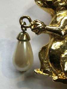 Vintage Gold Tone Squirrel Faux Pearl Brooch