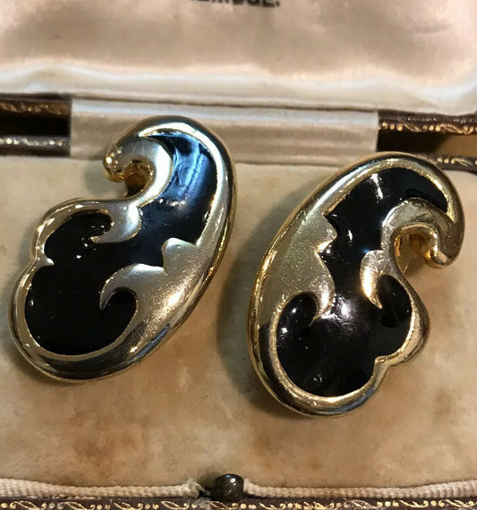 Vintage Black Enamel Gold Tone Clip On Earrings