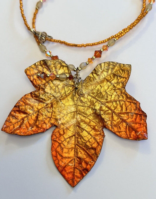 Vintage Stunning Enamel Large Leaf Necklace Rolled Gold Clasp