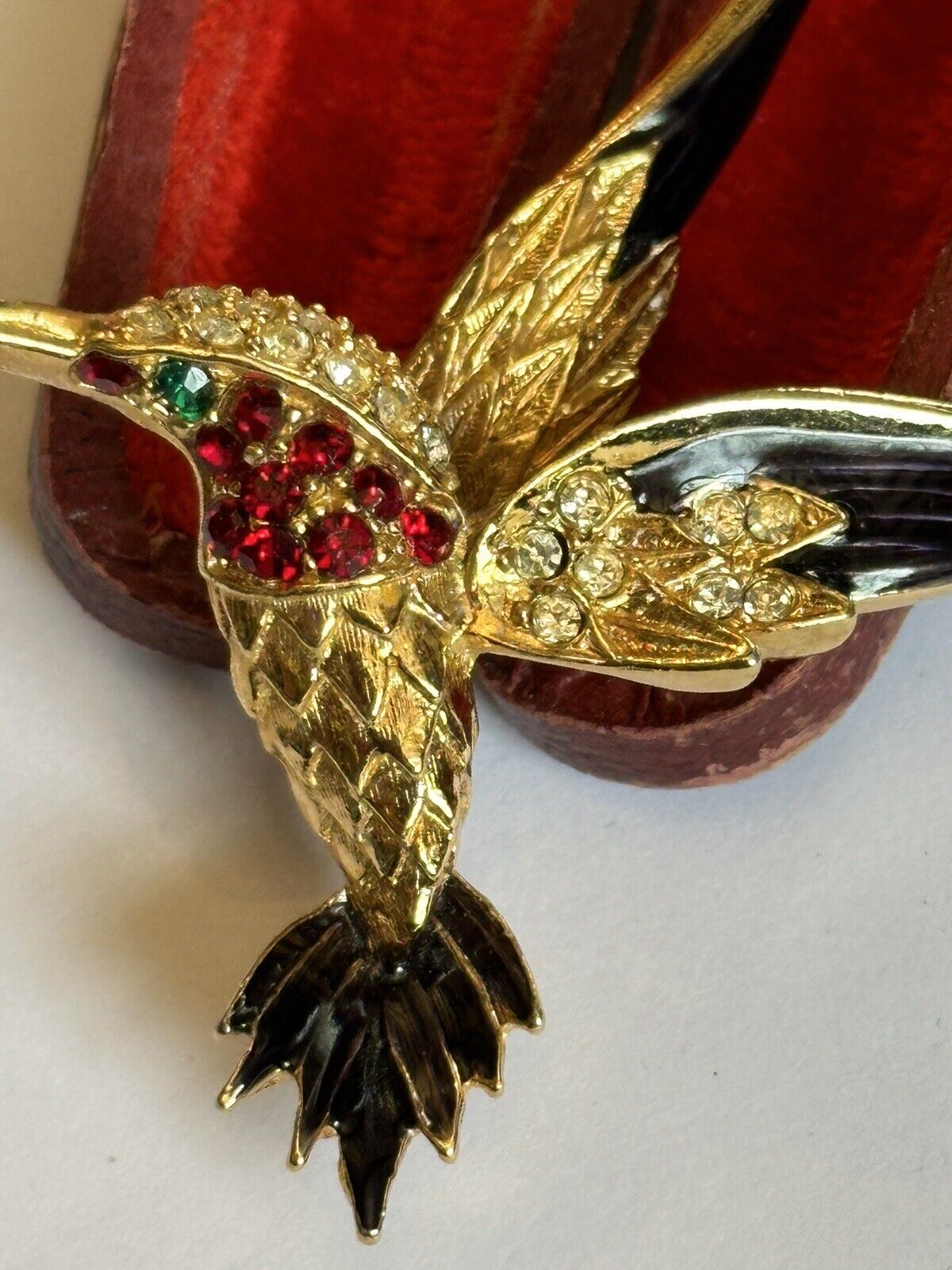 Vintage Gold Plated Red Diamanté Black Enamel Bird Brooch