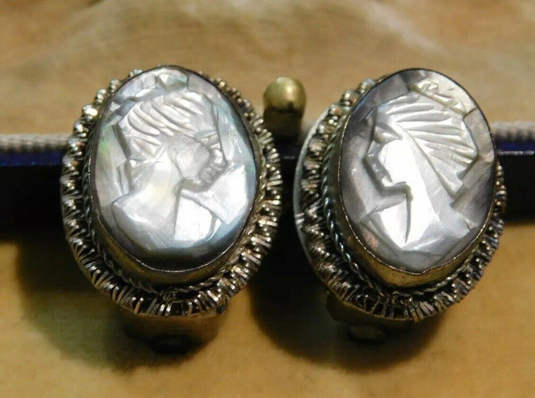 Vintage Old Carved Cameo Clip On Earrings