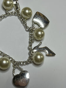 Vintage Signed Silver Tone Enamel Shoes Bag Charm Bracelet