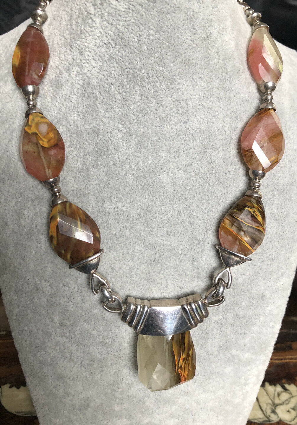 Vintage Silver 925 Natural Stone Statement Necklace